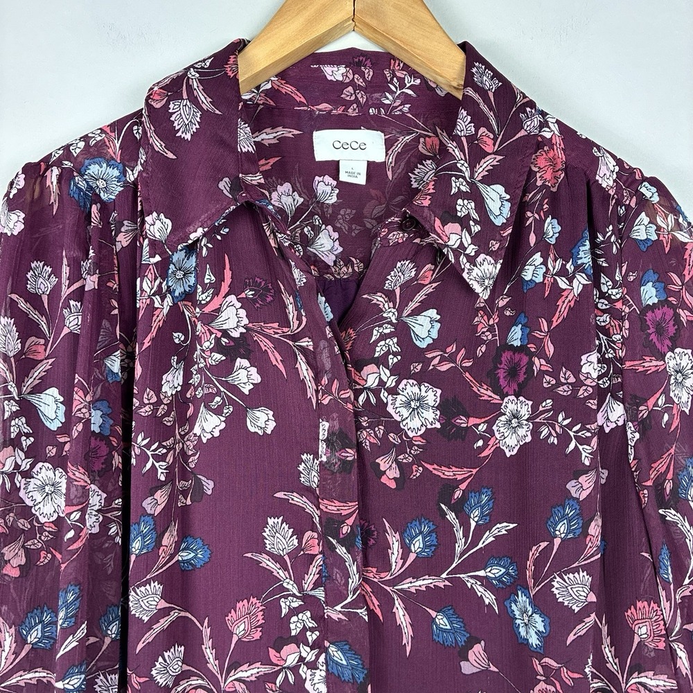 CeCe Floral Blouse L Purple Plum Bell Ruffle Long Sleeves Boho Peasant Hippie - Picture 5 of 10